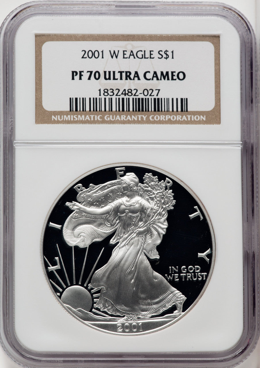 2001-W S$1 Silver Eagle Brown Label NGC PF70