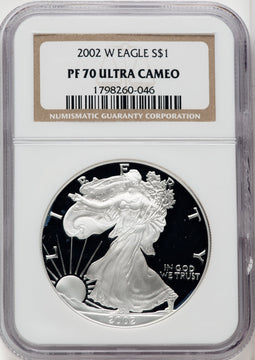 2002-W S$1 Silver Eagle Brown Label NGC PF70