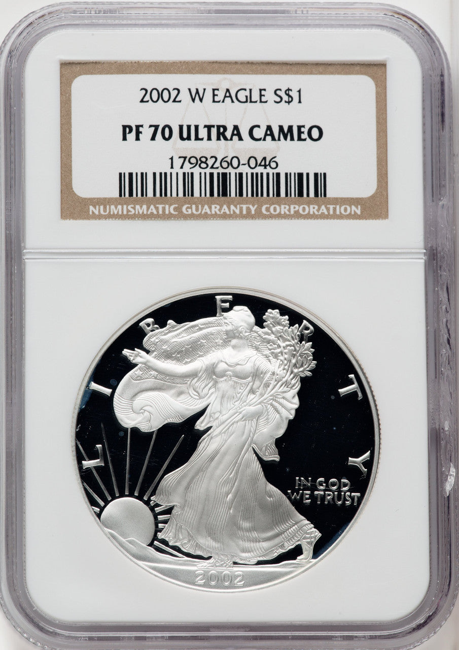 2002-W S$1 Silver Eagle Brown Label NGC PF70