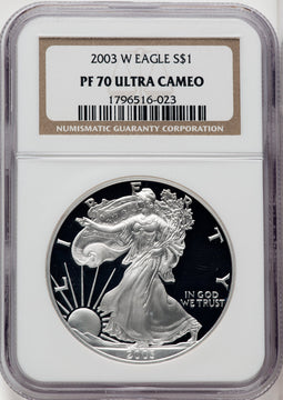 2003-W S$1 Silver Eagle Brown Label NGC PF70