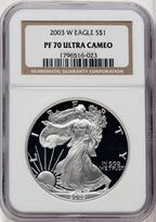 2003-W S$1 Silver Eagle Brown Label NGC PF70