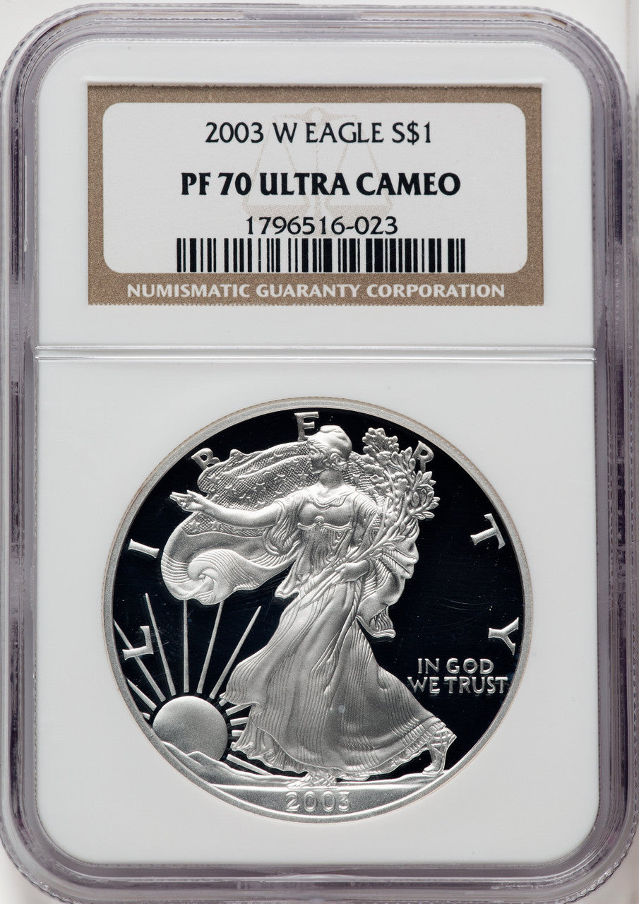 2003-W S$1 Silver Eagle Brown Label NGC PF70