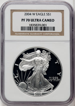 2004-W S$1 Silver Eagle Brown Label NGC PF70