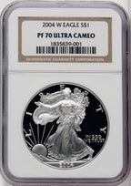 2004-W S$1 Silver Eagle Brown Label NGC PF70