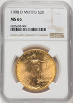 1908-D $20 MOTTO Saint-Gaudens Double Eagle NGC MS66