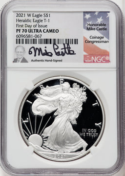 2021-W Silver Eagle Type One First Day of Issue Mike Castle NGC PF70