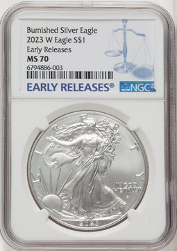 2023-W S$1 Silver Eagle Burnished First Strike ER Blue NGC MS70