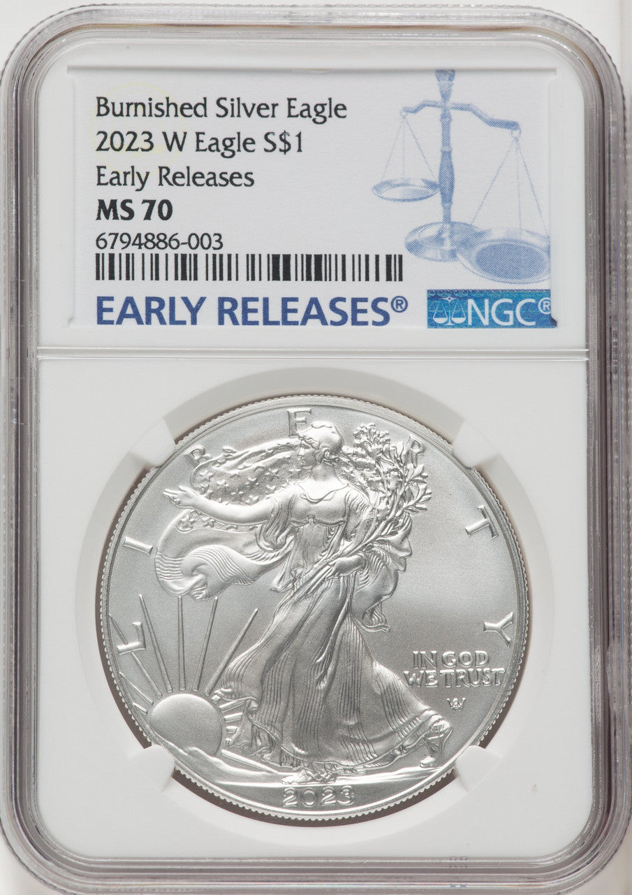 2023-W S$1 Silver Eagle Burnished First Strike ER Blue NGC MS70