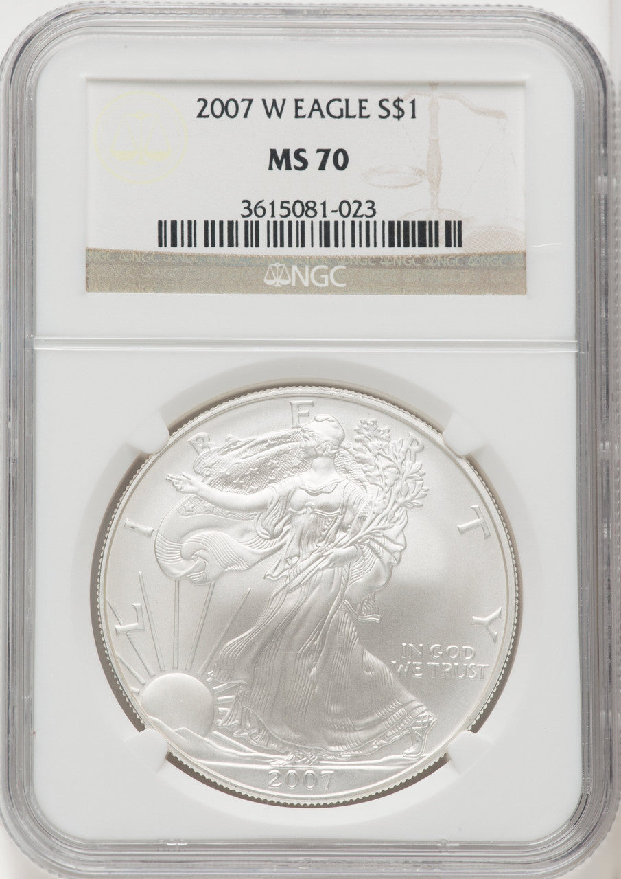 2007-W S$1 Silver Eagle Burnished Brown Label NGC MS70