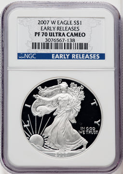 2007-W S$1 Silver Eagle First Strike ER Blue NGC PF70