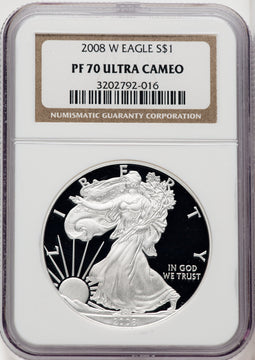 2008-W S$1 Silver Eagle Brown Label NGC PF70