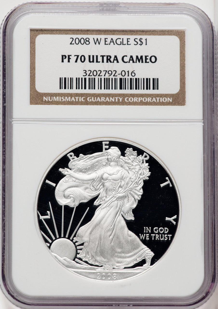 2008-W S$1 Silver Eagle Brown Label NGC PF70
