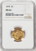 1878 $3 Three Dollar Gold Pieces NGC MS64 (766863012)