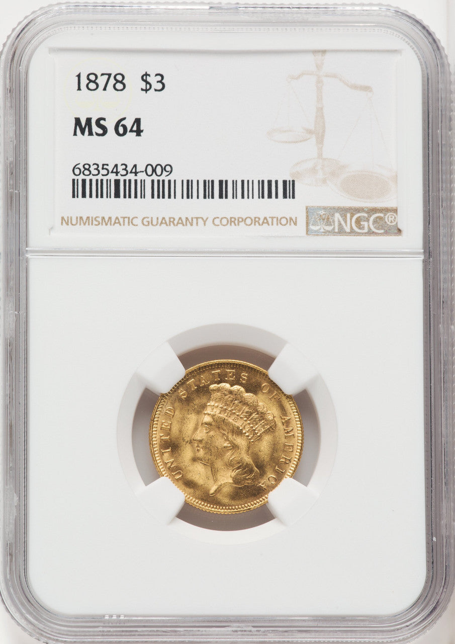 1878 $3 Three Dollar Gold Pieces NGC MS64 (766863012)