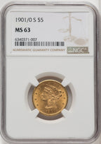 1901/0-S $5 FS-301 Liberty Half Eagle NGC MS63