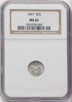 1857 3CS Brown Label Three Cent Silver NGC MS65