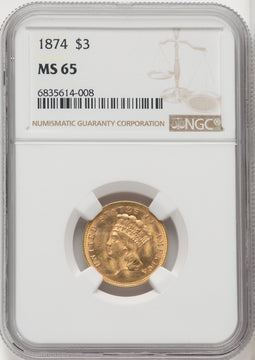 1874 $3 Three Dollar Gold Pieces NGC MS65
