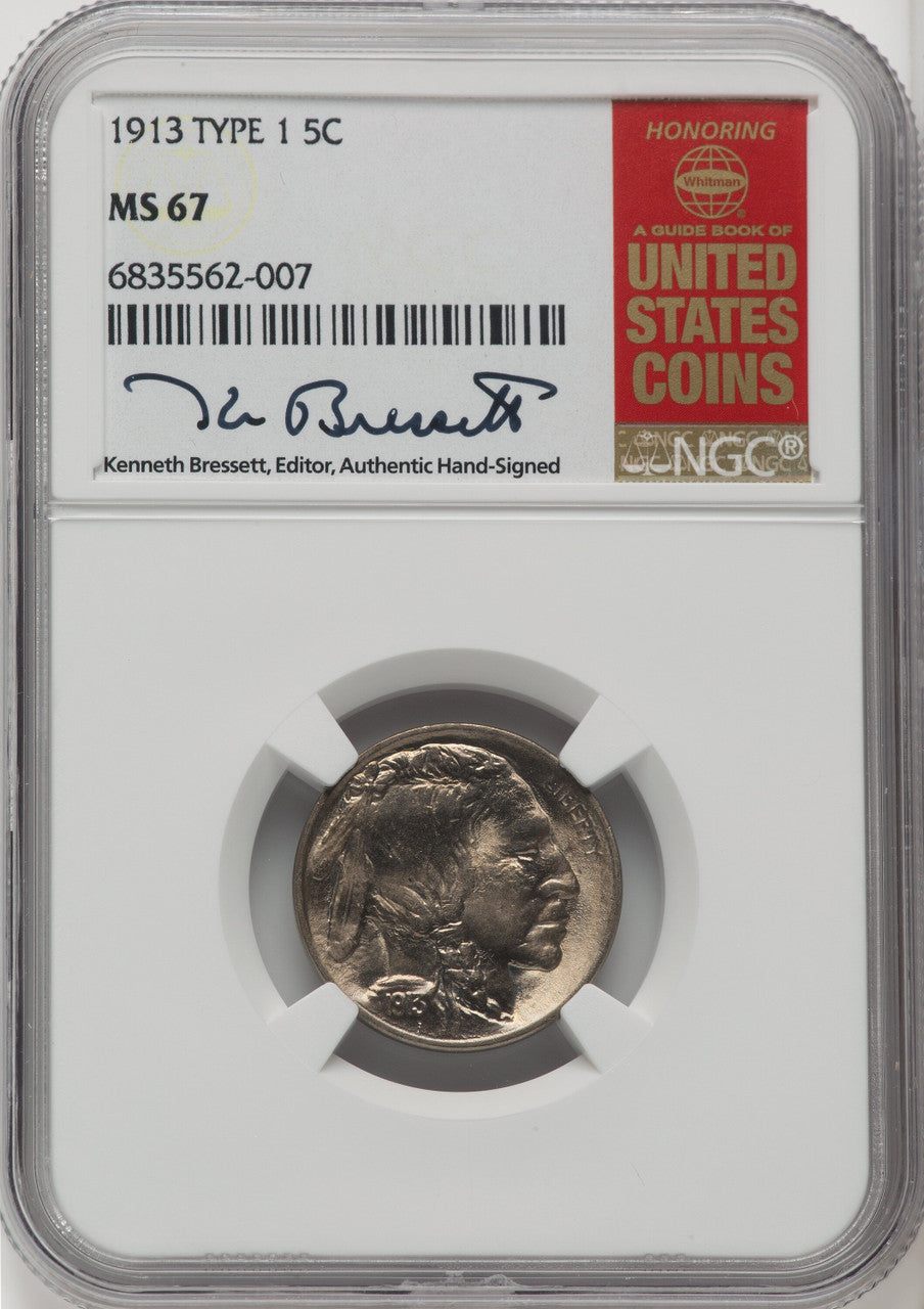 1913 Type One 5C Kenneth Bressett Red Book Buffalo Nickel NGC MS67 (764067001)