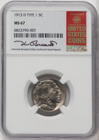 1913-D Type One 5C Kenneth Bressett Red Book Buffalo Nickel NGC MS67