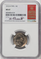 1913-D Type One 5C Kenneth Bressett Red Book Buffalo Nickel NGC MS67 (765522019)