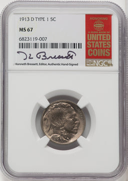 1913-D Type One 5C Kenneth Bressett Red Book Buffalo Nickel NGC MS67 (760373003)