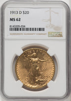 1913-D $20 Saint-Gaudens Double Eagle NGC MS62 (5421089)