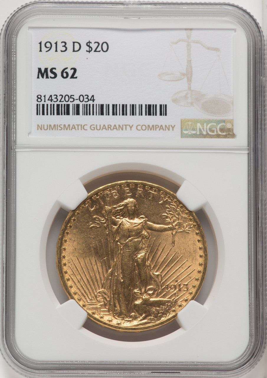 1913-D $20 Saint-Gaudens Double Eagle NGC MS62 (5421089)