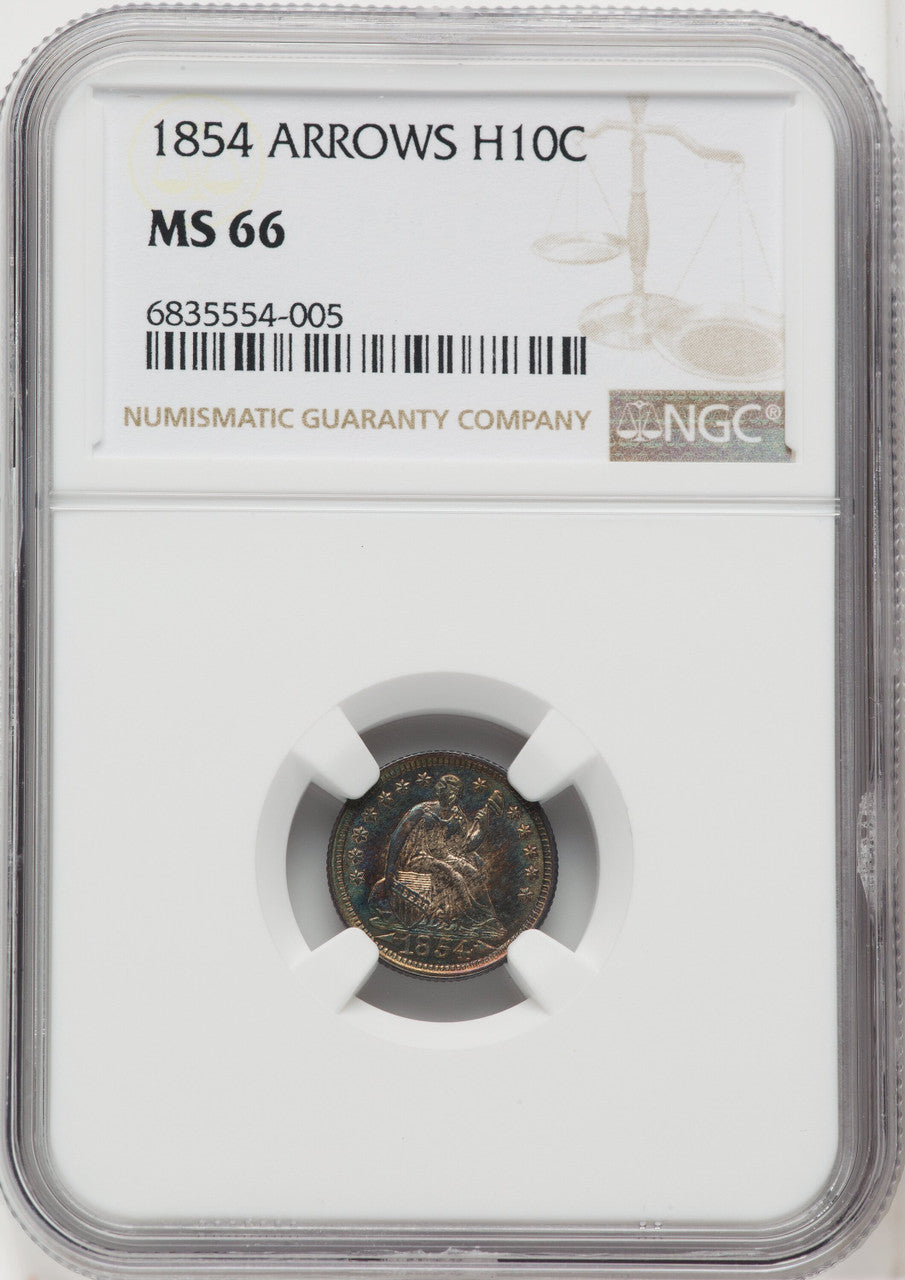 1854 H10C ARROWS Seated Half Dime NGC MS66