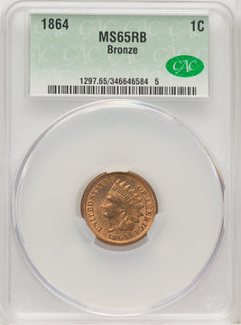 1864 Bronze No L RB Indian Cent CACG MS65