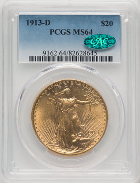 1913-D $20 CAC Saint-Gaudens Double Eagle PCGS MS64