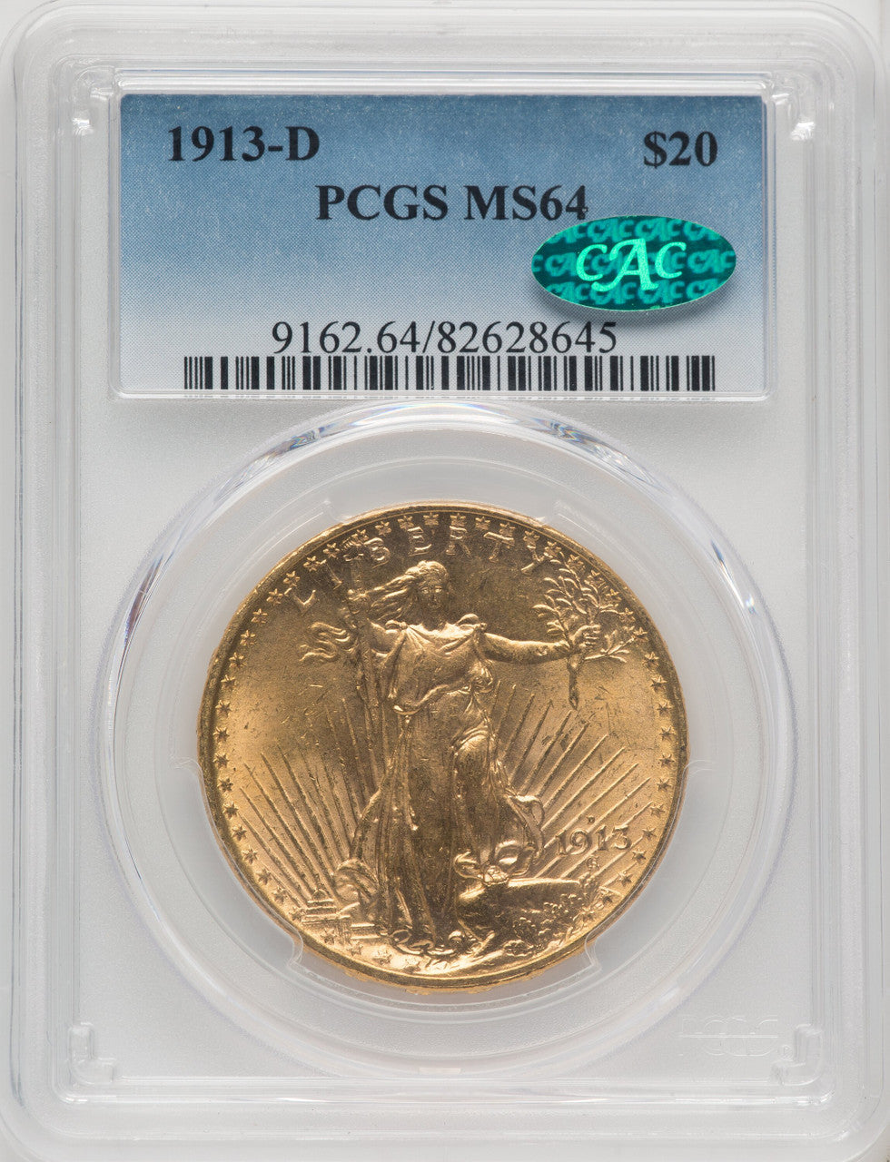 1913-D $20 CAC Saint-Gaudens Double Eagle PCGS MS64