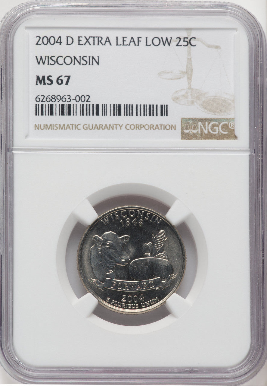 2004-D 25C Wisconsin Extra Leaf Low Statehood Quarter NGC MS67
