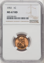 1951 1C RD Lincoln Cent NGC MS67