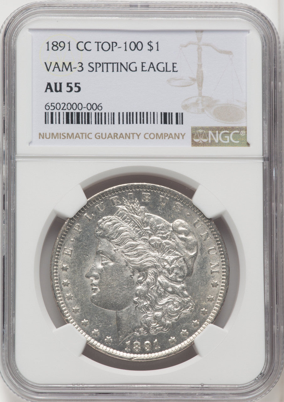 1891-CC $1 VAM-3 Spitting Eagle Morgan Dollar NGC AU55
