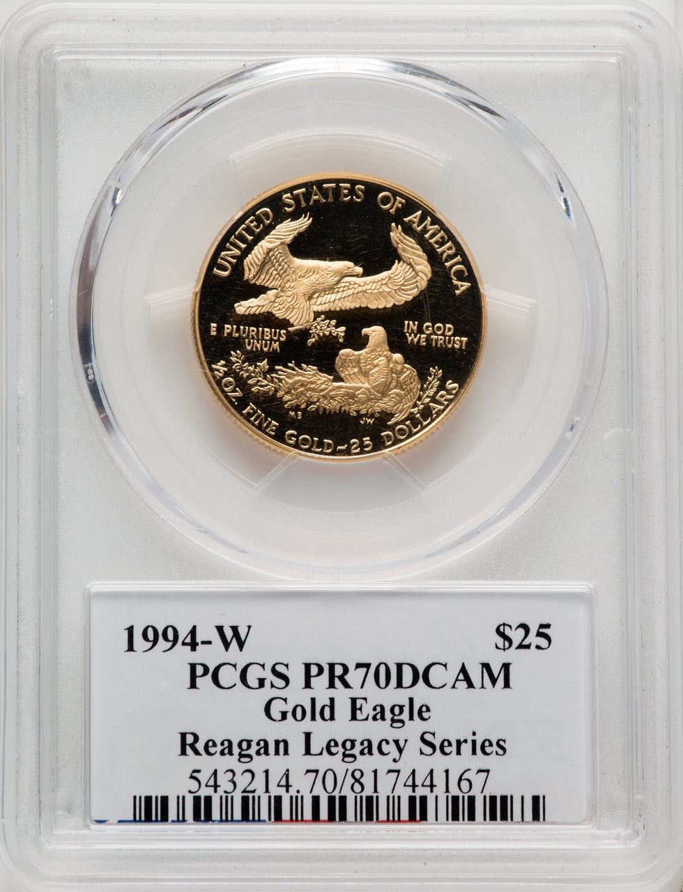 1994-W $25 Half-Ounce Gold Eagle Michael Reagan PCGS PR70
