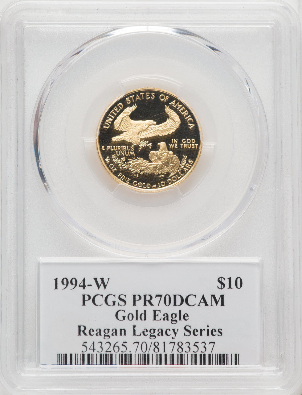 1994-W $10 Quarter-Ounce Gold Eagle Michael Reagan PCGS PR70