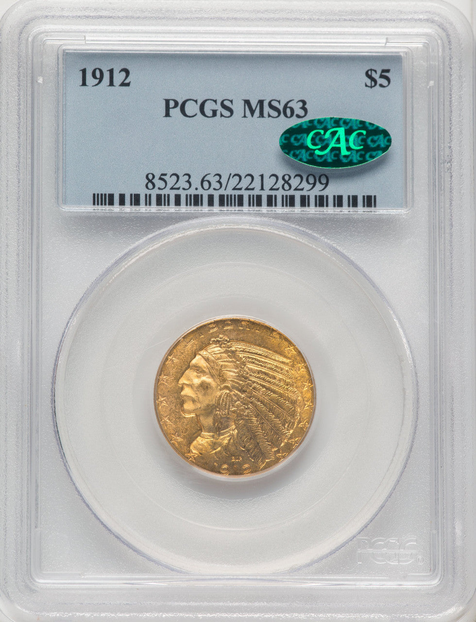 1912 $5 CAC Indian Half Eagle PCGS MS63