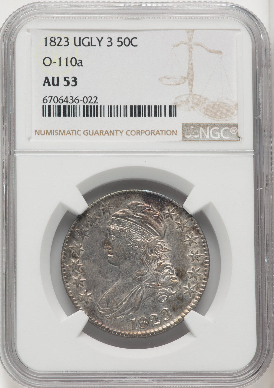 1823 50C Ugly 3 O-110a Bust Half Dollar NGC AU53