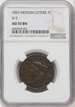 1829 1C Medium Letters N-5 BN Large Cent NGC AU55
