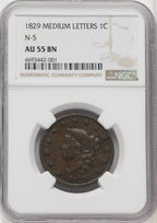 1829 1C Medium Letters N-5 BN Large Cent NGC AU55