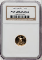 1993-P $5 Tenth-Ounce Gold Eagle Brown Label NGC PF70