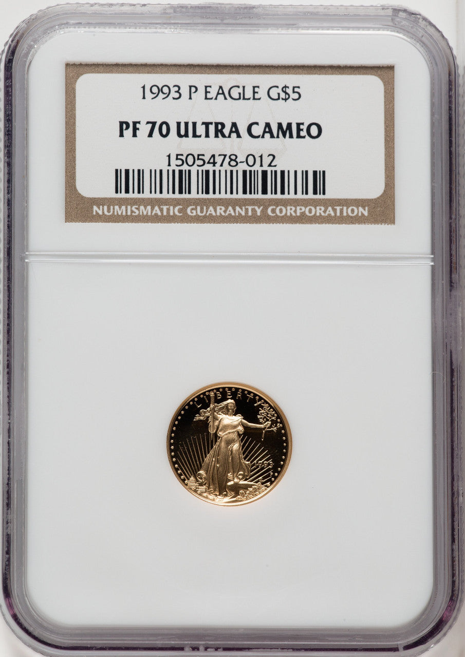 1993-P $5 Tenth-Ounce Gold Eagle Brown Label NGC PF70