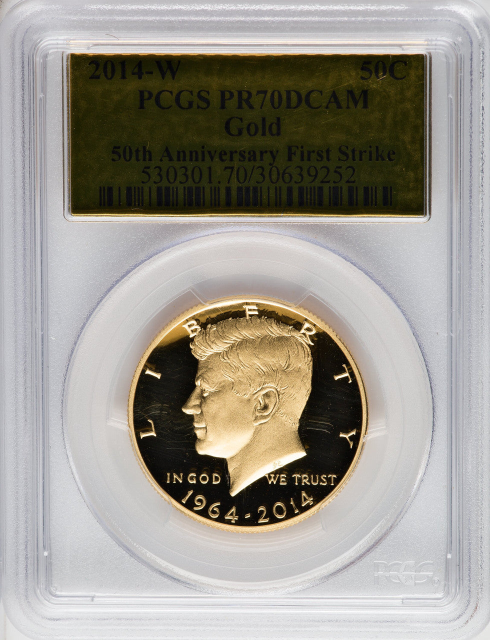 2014-W 50C Kennedy Gold 50th Anniversary FS Gold Foil Half Dollar PCGS PR70