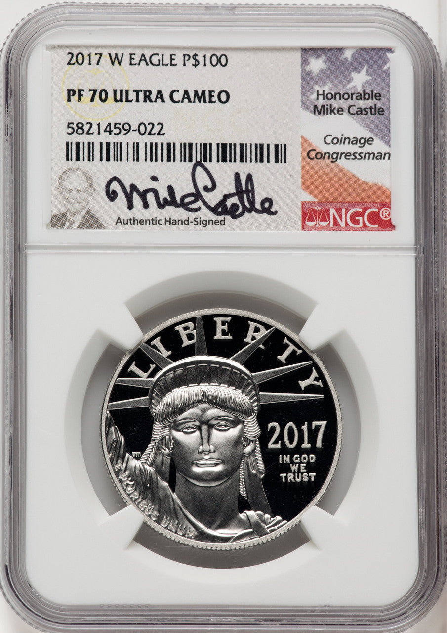 2017-W $100 One-Ounce Platinum Eagle Statue of Liberty 20th Anniversary Mike Castle NGC PF70