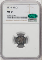 1833 H10C CAC Bust Half Dime NGC MS64