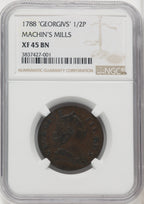 '1788' Machin's Mills Halfpenny BN Colonials NGC XF45