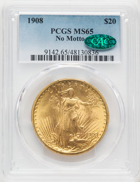 1908 $20 NO MOTTO CAC Saint-Gaudens Double Eagle PCGS MS65