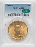 1909-S $20 CAC Saint-Gaudens Double Eagle PCGS MS63
