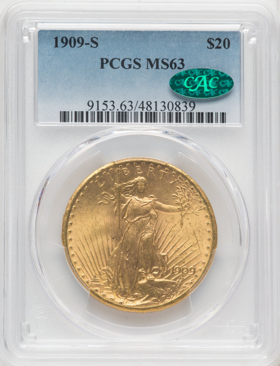 1909-S $20 CAC Saint-Gaudens Double Eagle PCGS MS63