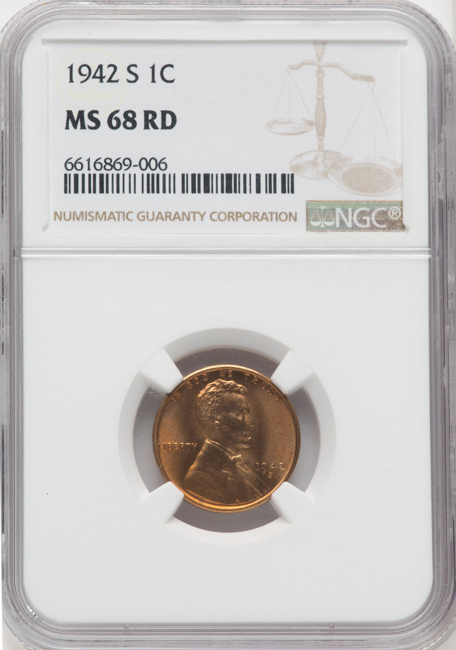 1942-S 1C RD Lincoln Cent NGC MS68
